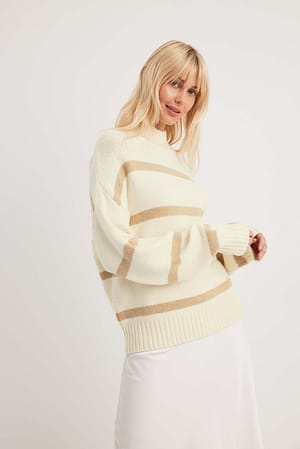 White/Beige Stripe Turtle Neck Knitted Striped Sweater