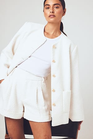 White Tweed Mid Waist Pleat Detail Shorts