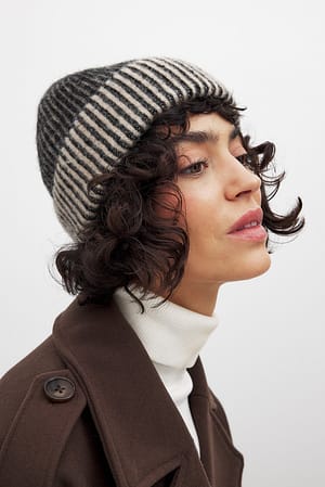 Beige/Black Two Toned Wool Blend Ribbed Beanie