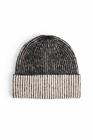 Beige/Black Two Toned Wool Blend Ribbed Beanie