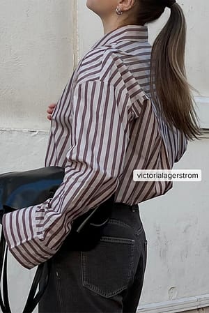 Beige/Burgundy Stripe Oversized Long Sleeve Cotton Shirt