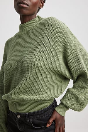 Volume Sleeve High Neck Knitted Sweater Green | NA-KD
