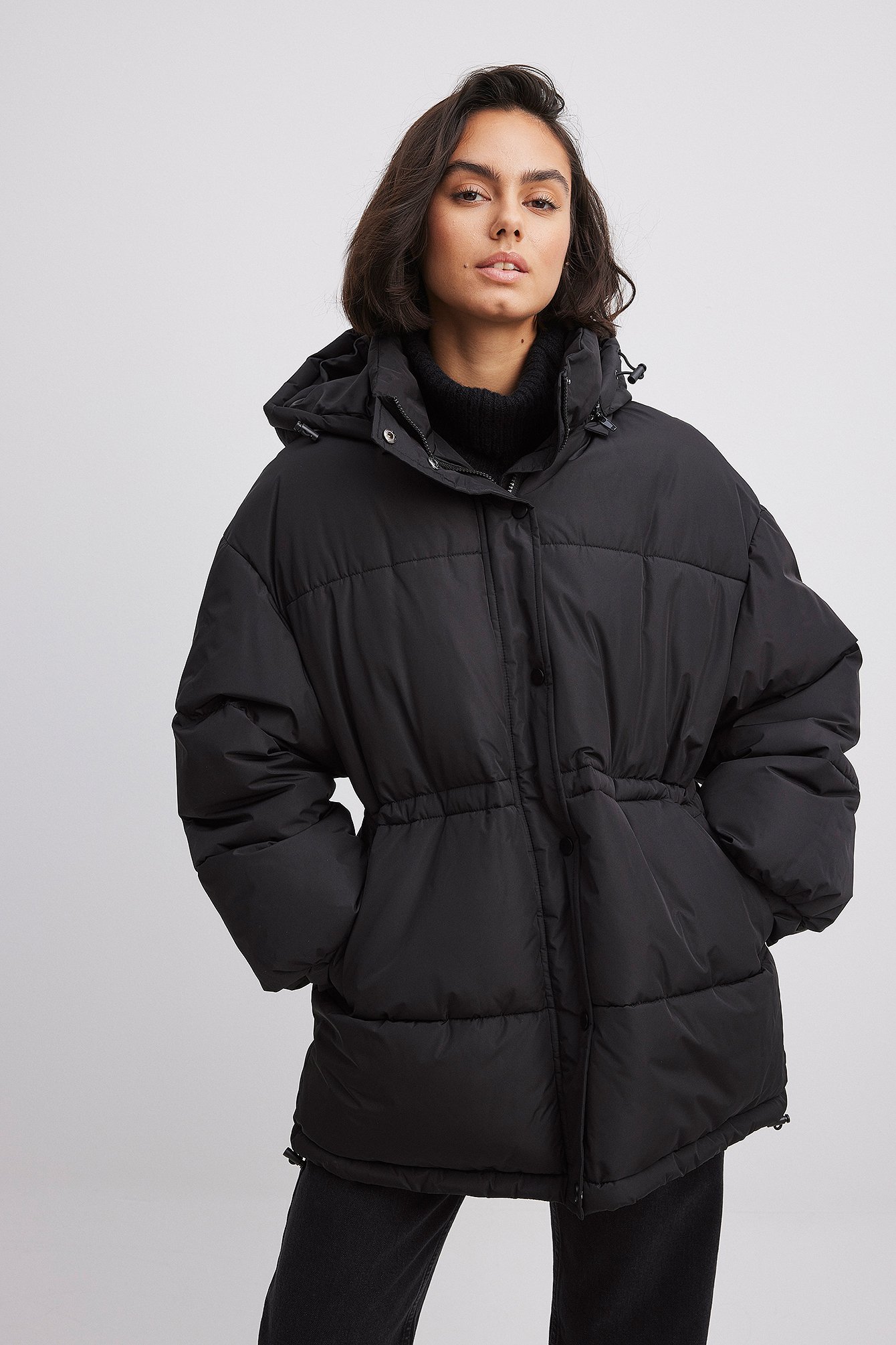 Puffer jacket clearance with waist belt