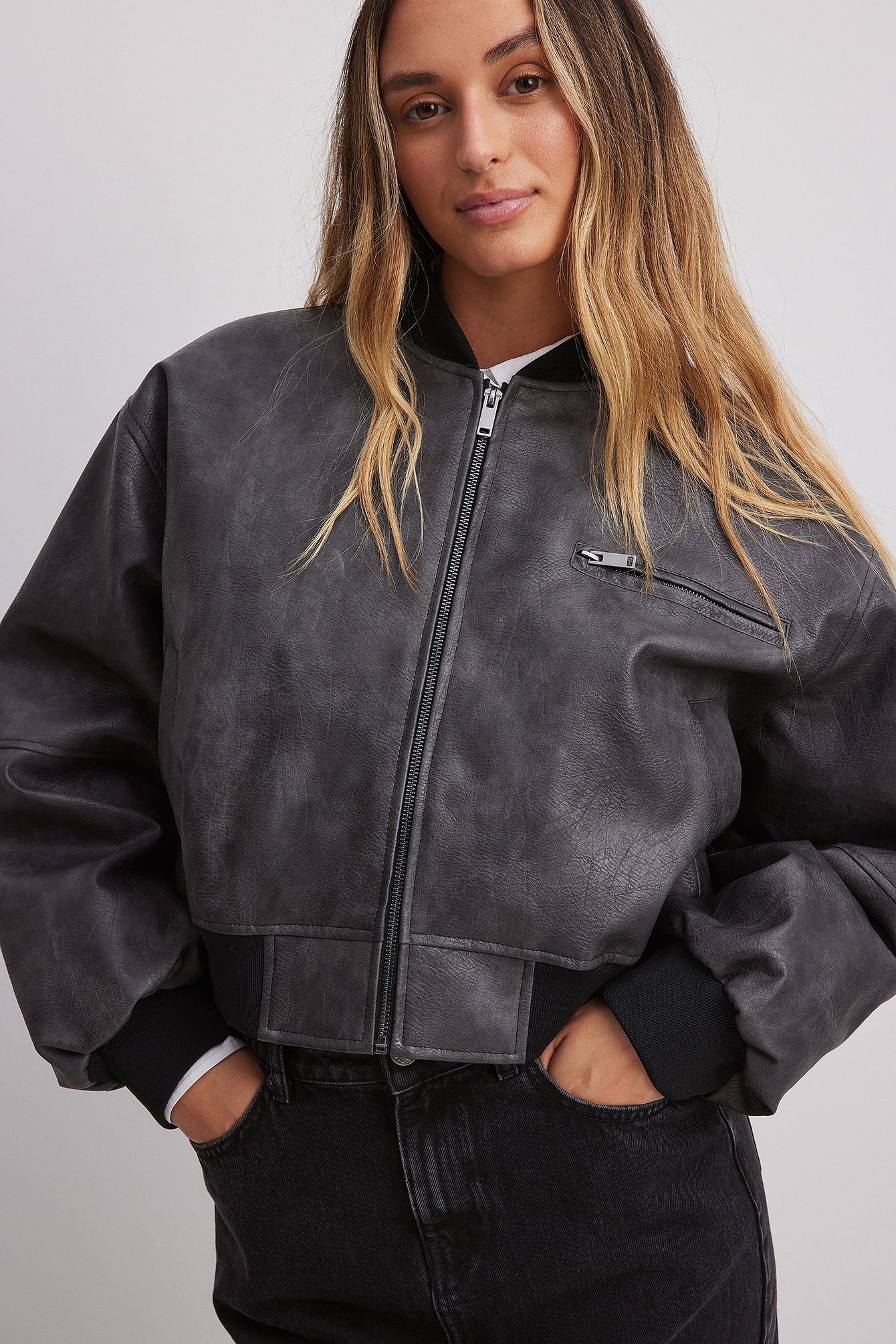 Washed Out Pu Bomber Jacket Black | NA-KD