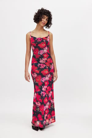 Big Flower Print Maxikleid aus Mesh mit Wasserfallausschnitt