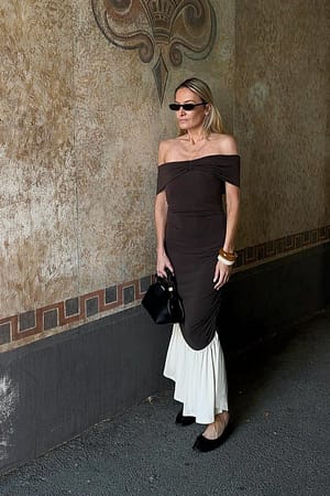 Brown/Beige Jersey Off Shoulder Midi Dress