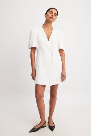 White Woven Double Breasted Mini Dress