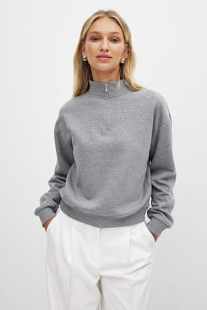 Light Grey Melange Sweatshirt med lynlåsdetalje